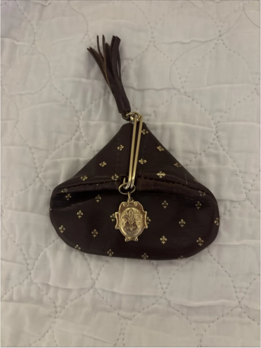 Vintage Firenze Brown With Gold Fleur De Lis Triangle Leather Coin Purse Italy